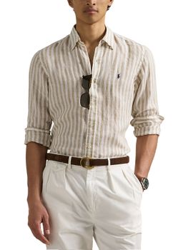 Camicia Polo Ralph Lauren Lino Righe Bianco-Beige